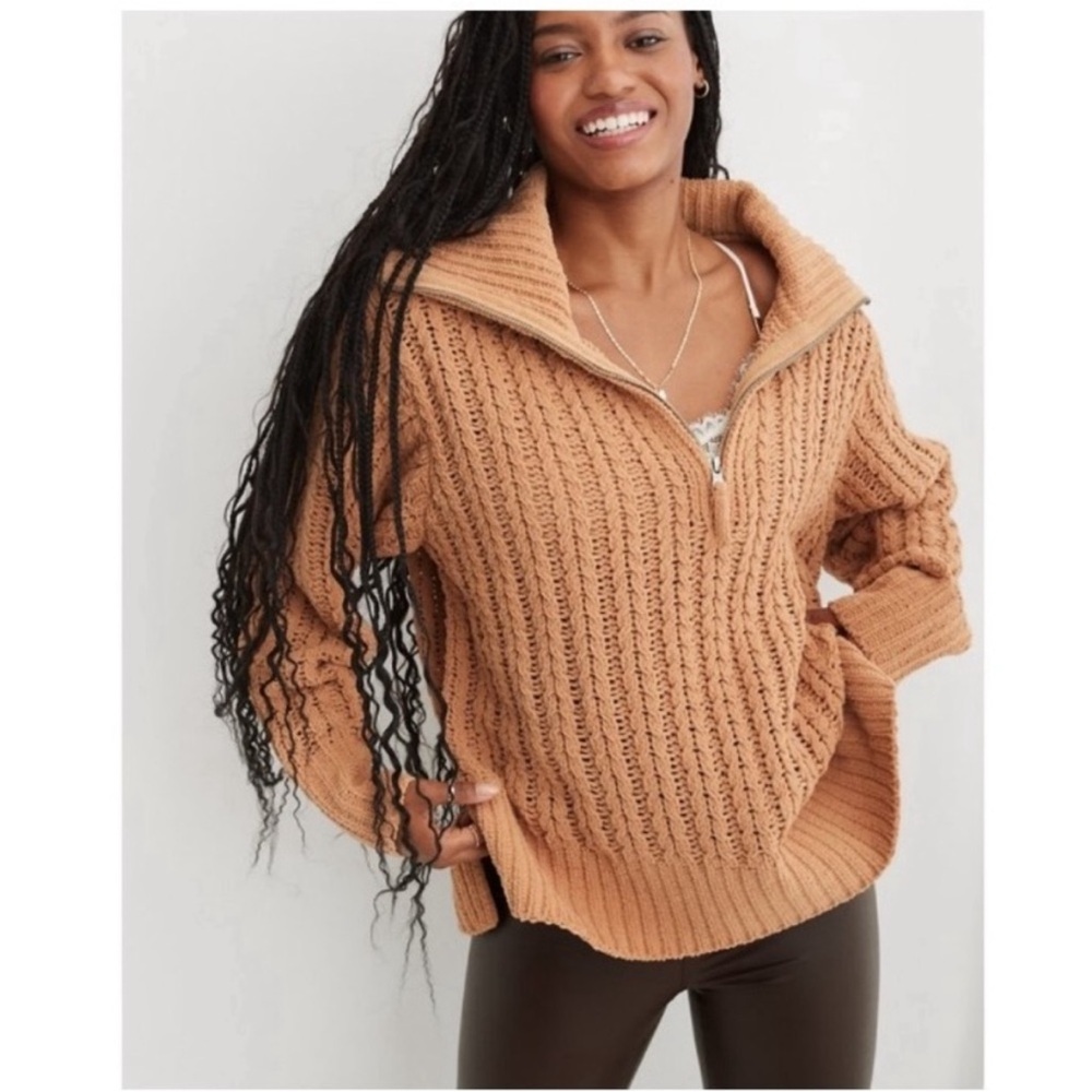 Aerie Cable Car Chunky Chenille Knit Collared 1/4 Zip Pullover Sweater Tan Small
